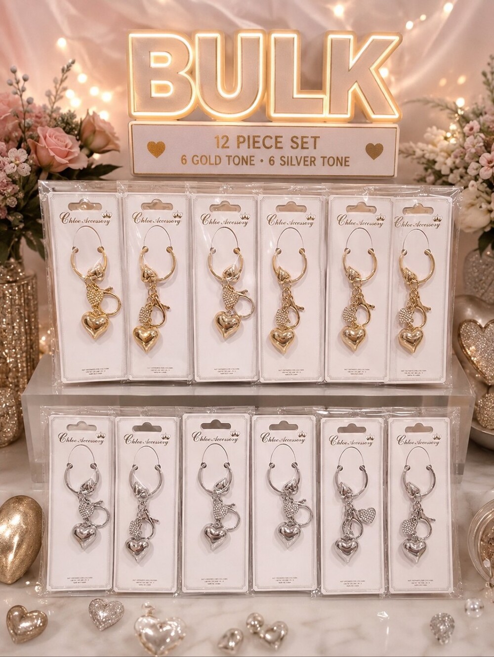 BULK Gold & Silver Tone Heart Keychains